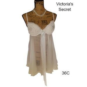 Victoria's Secret White Crystal Babydoll Chemise Nightie Sheer Negligee 36C NWOT